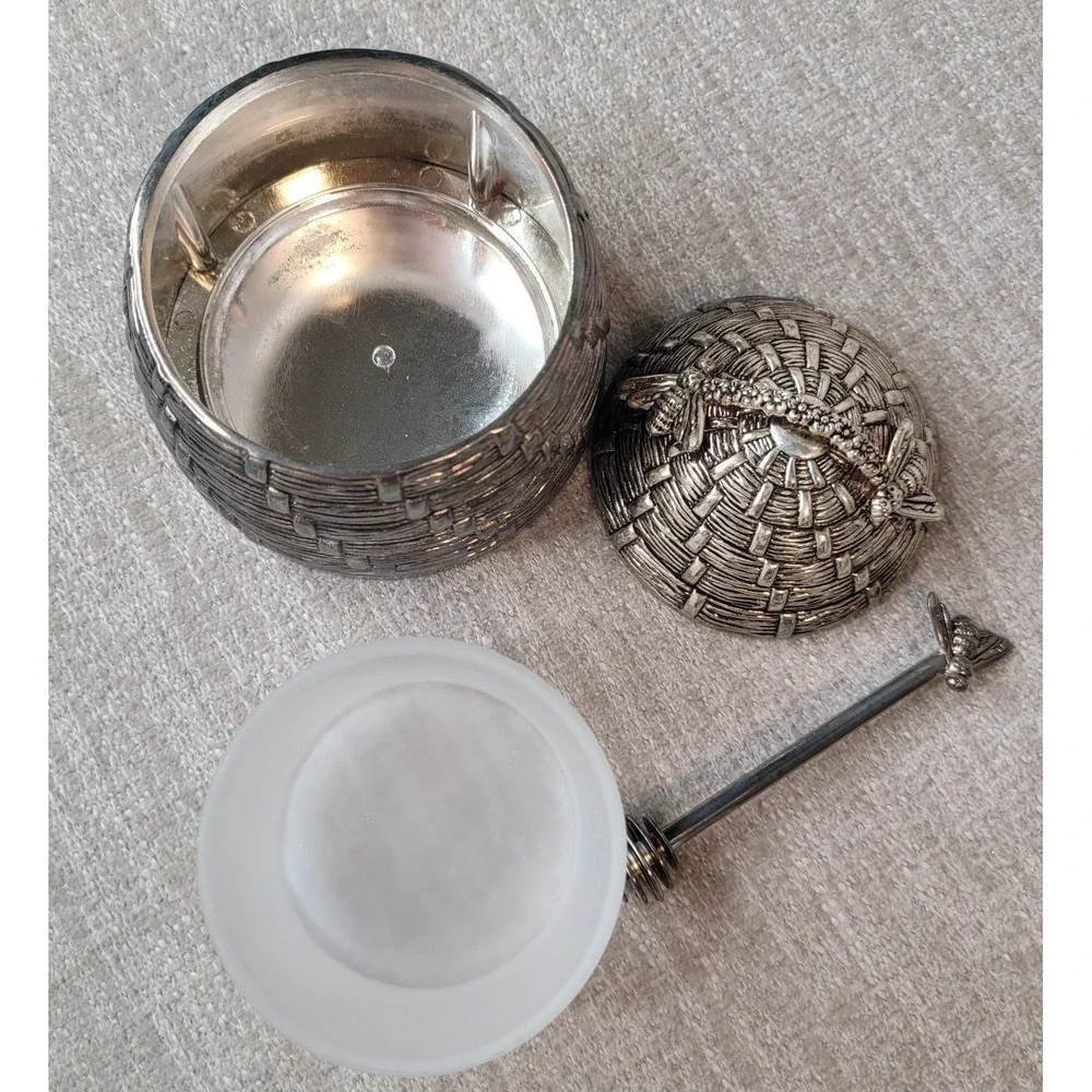 Godinger Art Beehive Honey Pot w/ Lid & Bee Honey Dipper Silver Plate Complete